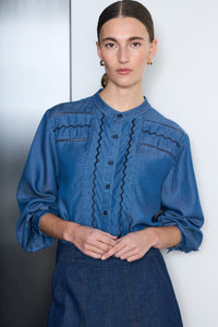 Pieszak Jeans PD-Celika Emb. Denim Shirt Shirts & Blouses 526 Mid Dark Denim