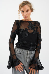 Pieszak Jeans PD-Melia Flounce Sleeve Mesh Blouse Shirts & Blouses 9 Black